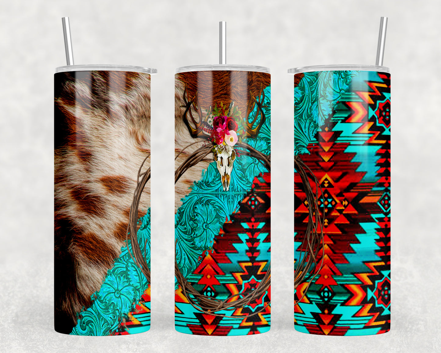 Printed Cowhide Aztec Skull 20oz Skinny Tumbler - 1013