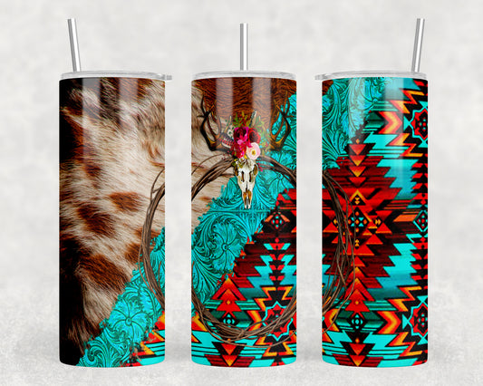 Printed Cowhide Aztec Skull 20oz Skinny Tumbler - 1013