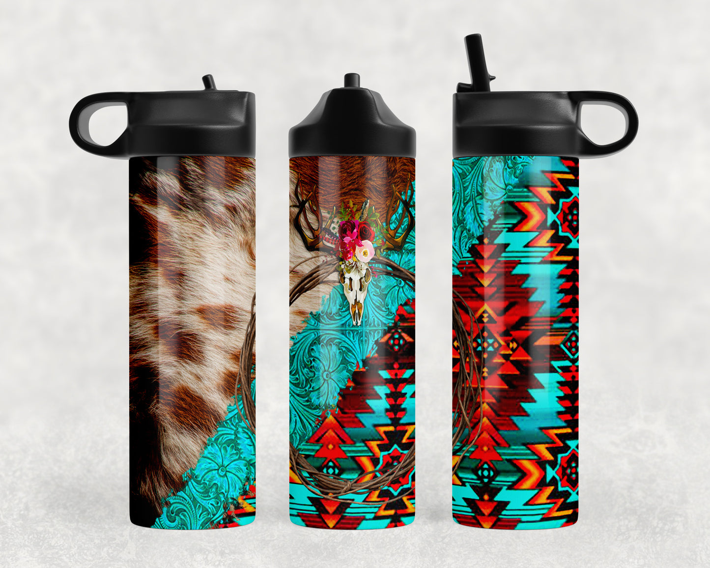 Printed Cowhide Aztec Skull Water Bottle - 1013