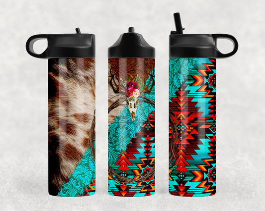 Printed Cowhide Aztec Skull Water Bottle - 1013