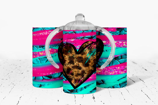 Neon Leopard Print Heart Kids Dual Lid Sippy Cup Tumbler - 1032