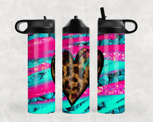 Neon Leopard Print Heart Water Bottle - 1032