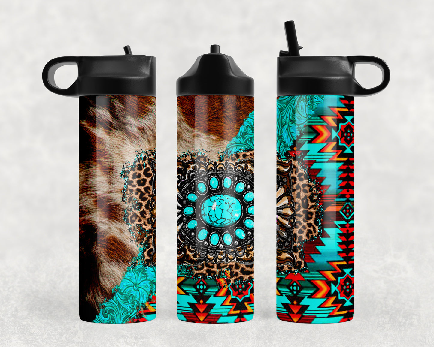 Printed Cowhide Aztec Western Concho Water Bottle - 1035