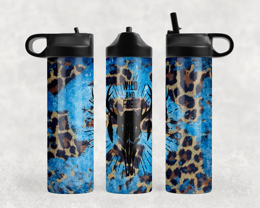 Blue Leopard Wild And Free Skull Water Bottle - 1038