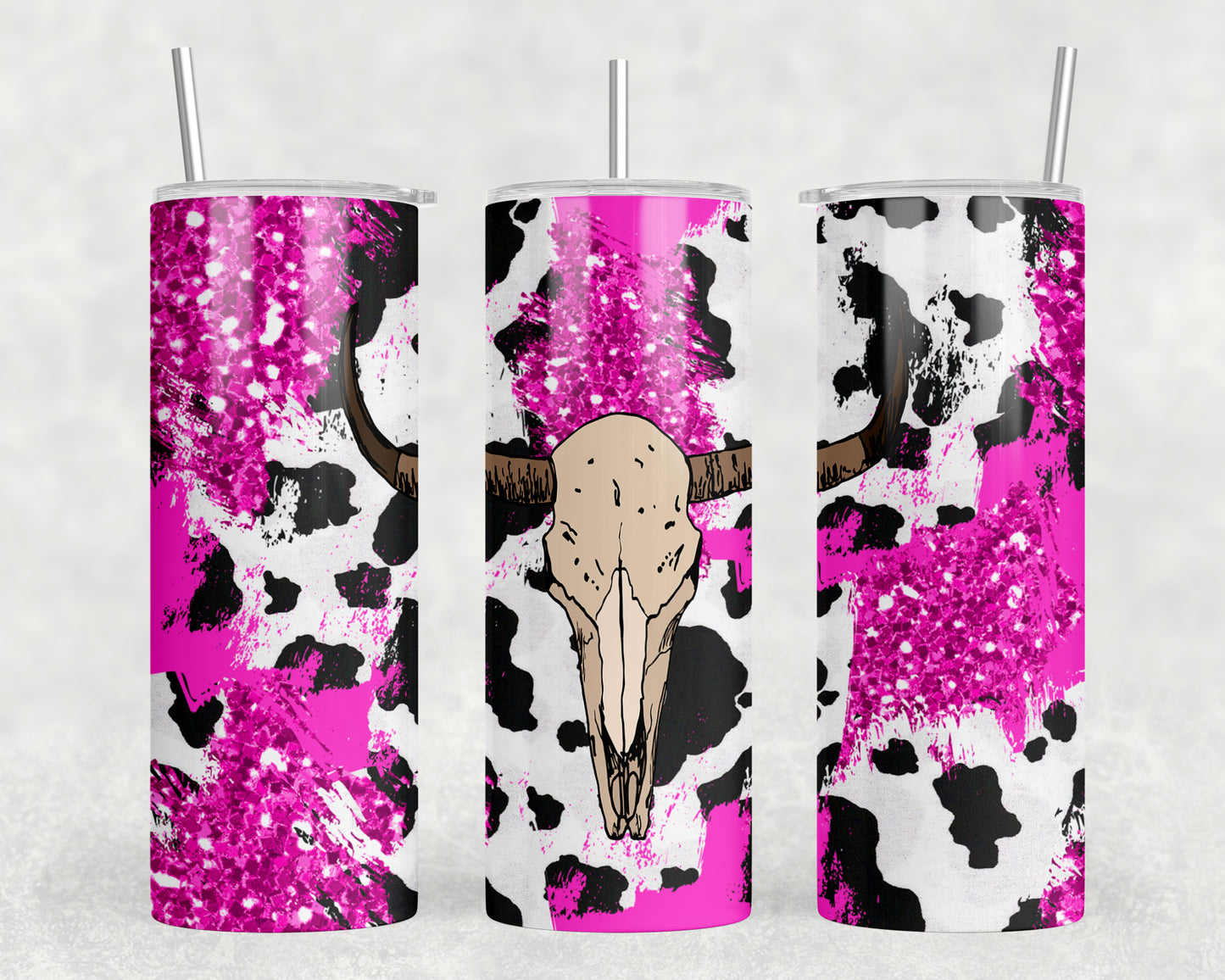 Pink Cow Print Skull 20oz Skinny Tumbler - 1039