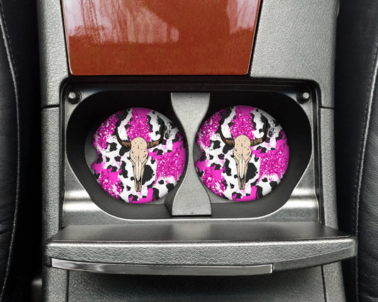 Pink Cow Print Skull Car Coaster Set - 1039