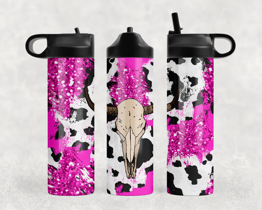 Pink Cow Print Skull Water Bottle - 1039