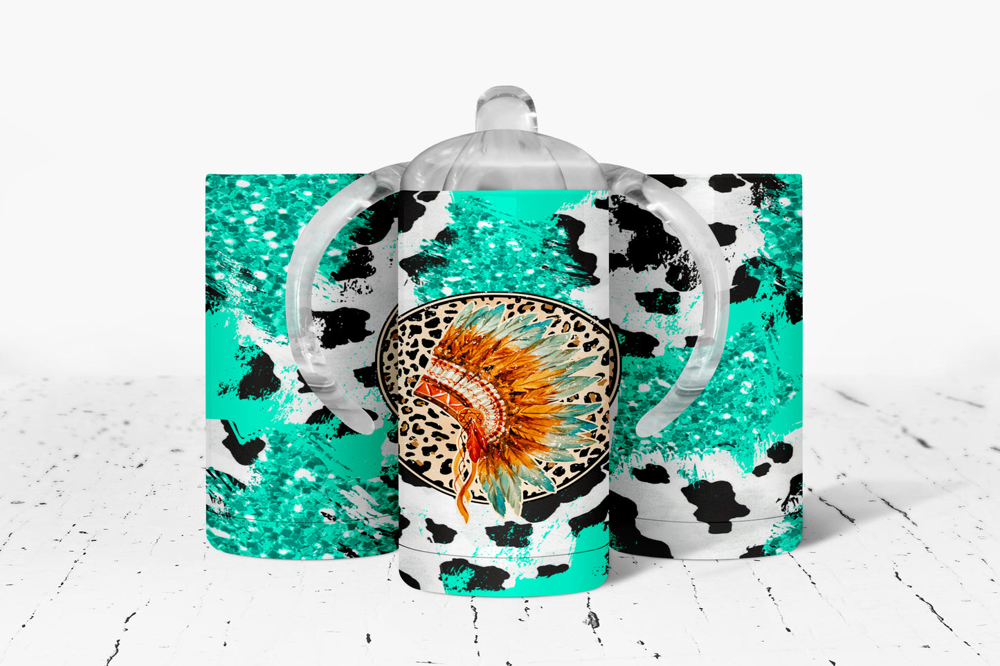 Turquoise Cow Print Headdress Kids Dual Lid Sippy Cup Tumbler - 1054