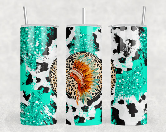 Turquoise Cow Print Headdress 20oz Skinny Tumbler - 1054