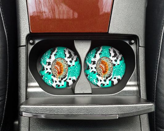 Turquoise Cow Print Headdress Car Coaster Set - 1054