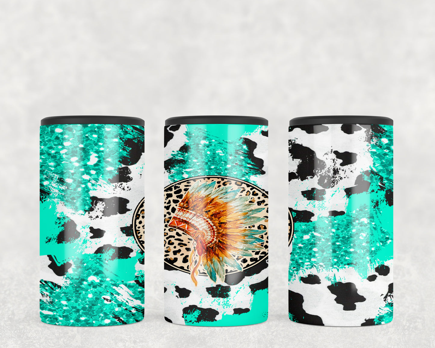 Turquoise Cow Print Headdress 5-in-1 Can Hugger Tumbler - 1054