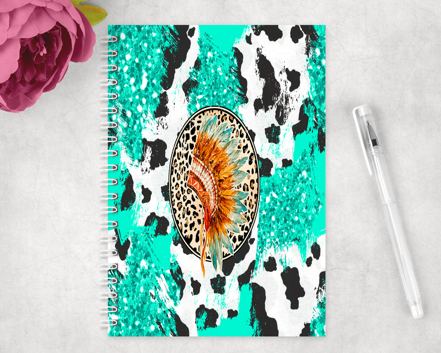 Turquoise Cow Print Headdress Spiral Lined A5 Journal - 1054