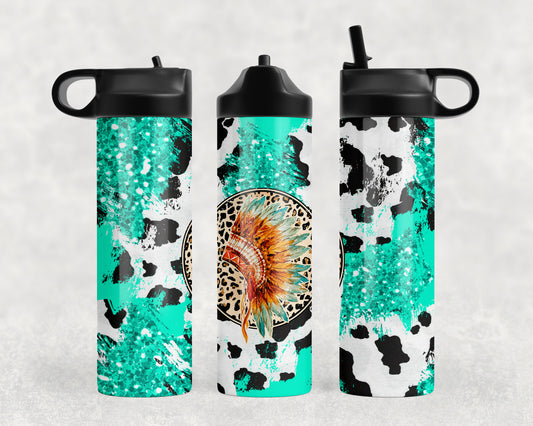 Turquoise Cow Print Headdress Water Bottle - 1054