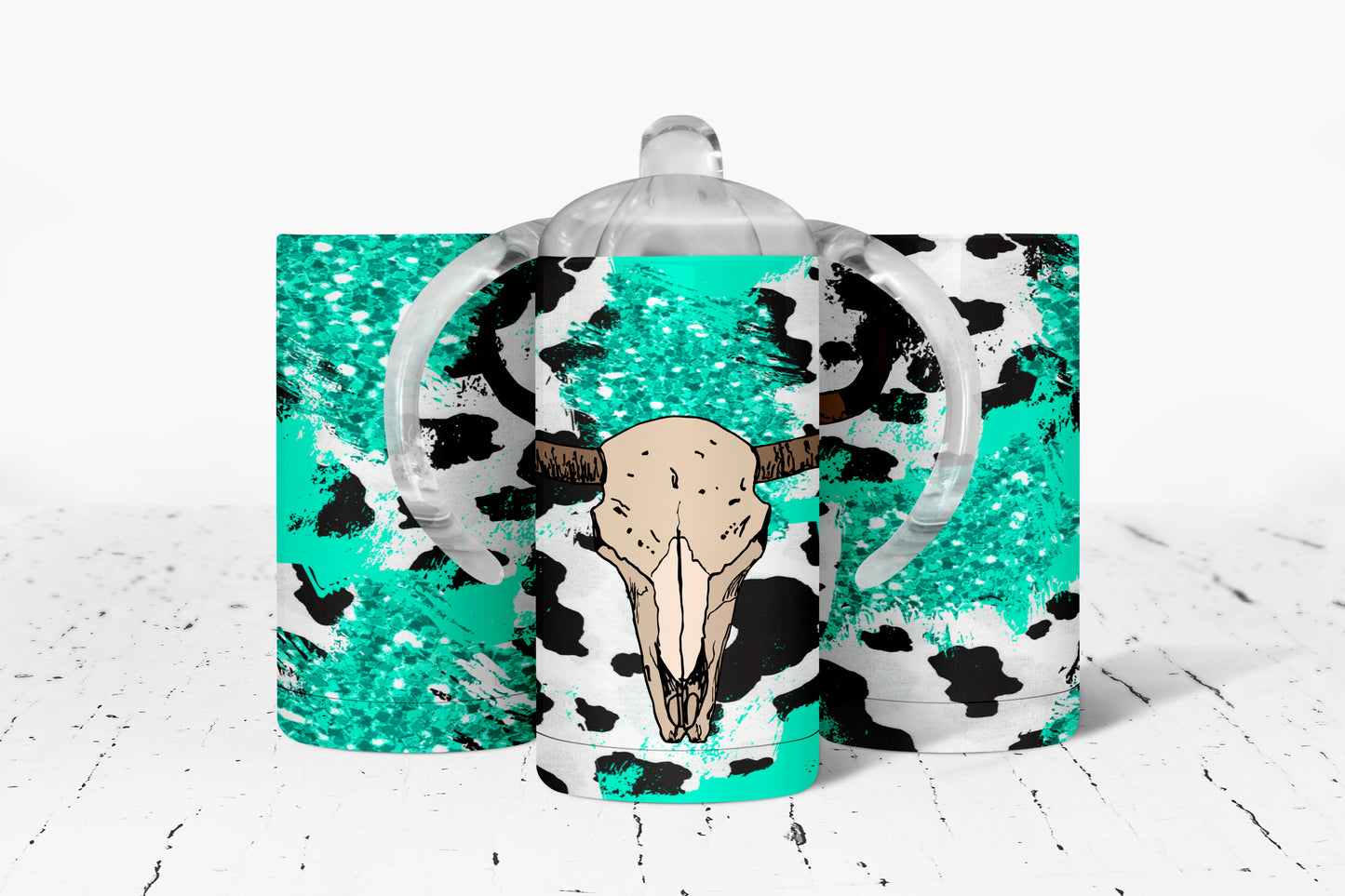 Turquoise Cow Print Skull Kids Dual Lid Sippy Cup Tumbler - 1067