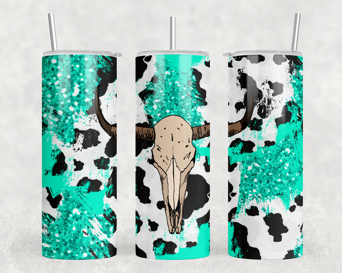 Turquoise Cow Print Skull 20oz Skinny Tumbler - 1067