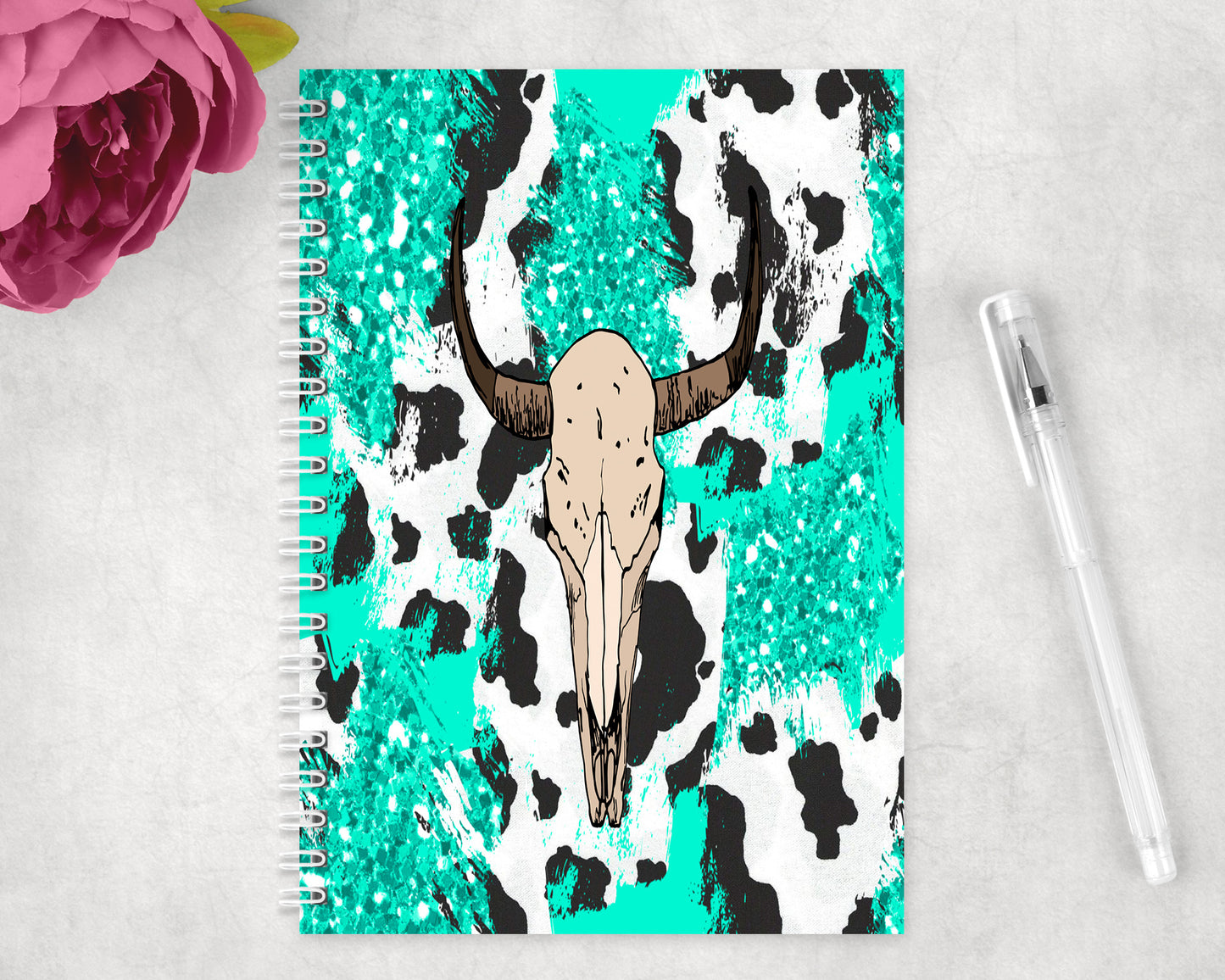 Turquoise Cow Print Skull Spiral Lined A5 Journal - 1067