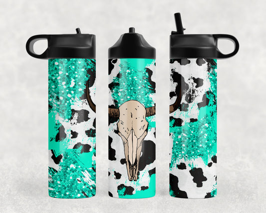 Turquoise Cow Print Skull Water Bottle - 1067