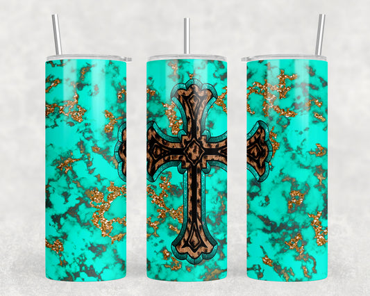 Turquoise Western Cross 20oz Skinny Tumbler - 1088