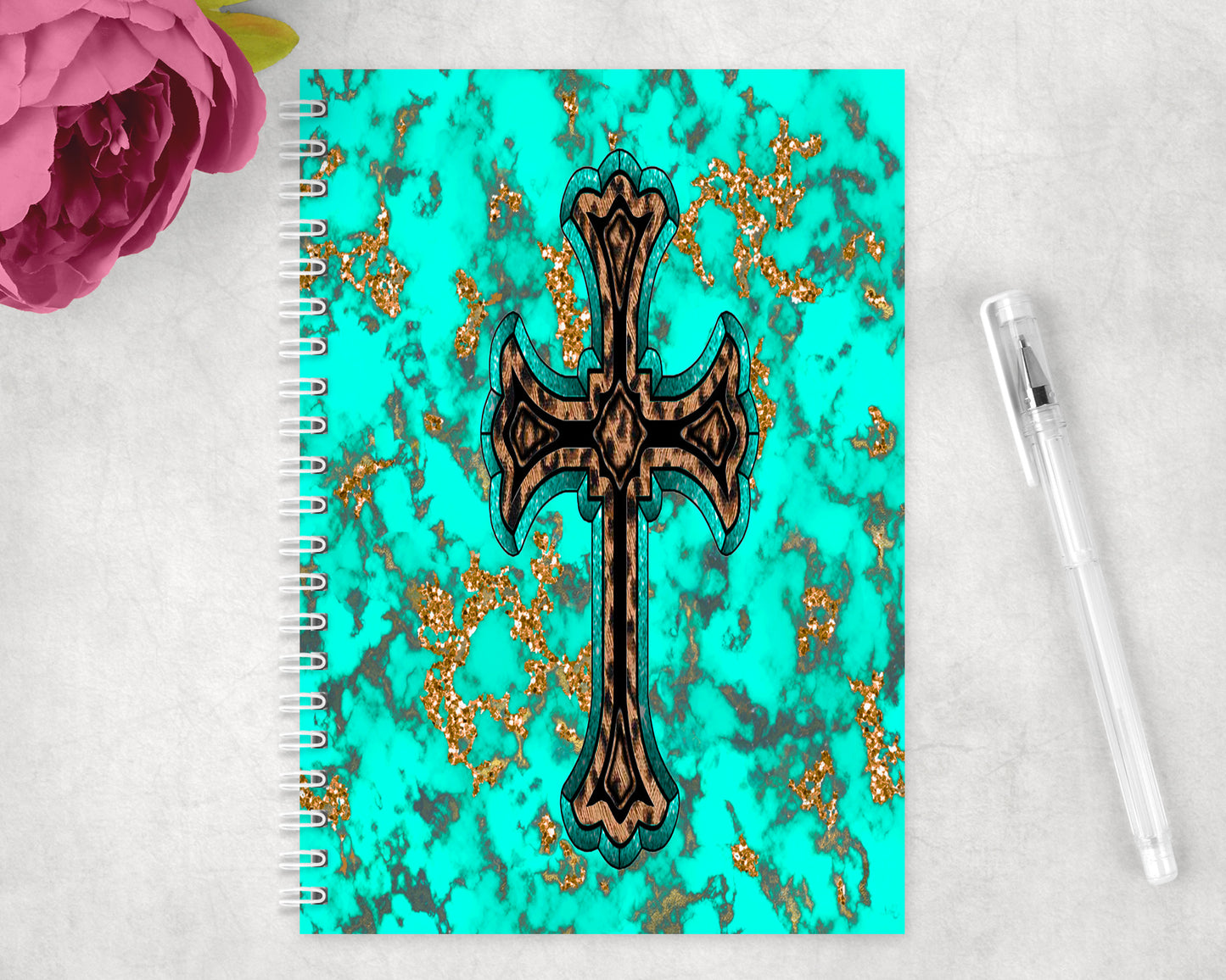 Turquoise Western Cross Spiral Lined A5 Journal - 1088