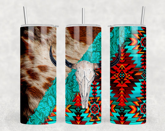 Printed Cowhide Aztec Skull 20oz Skinny Tumbler - 1127