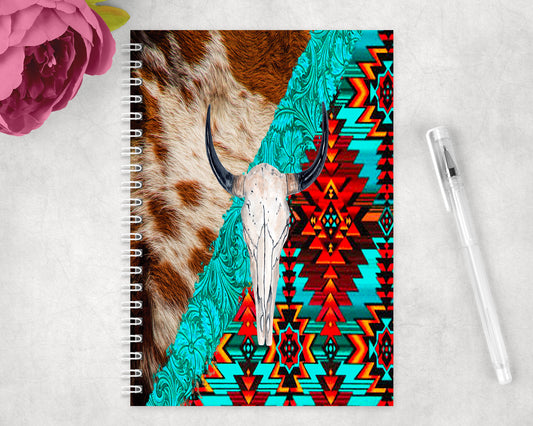 Printed Cowhide Aztec Skull Spiral Lined A5 Journal - 1127