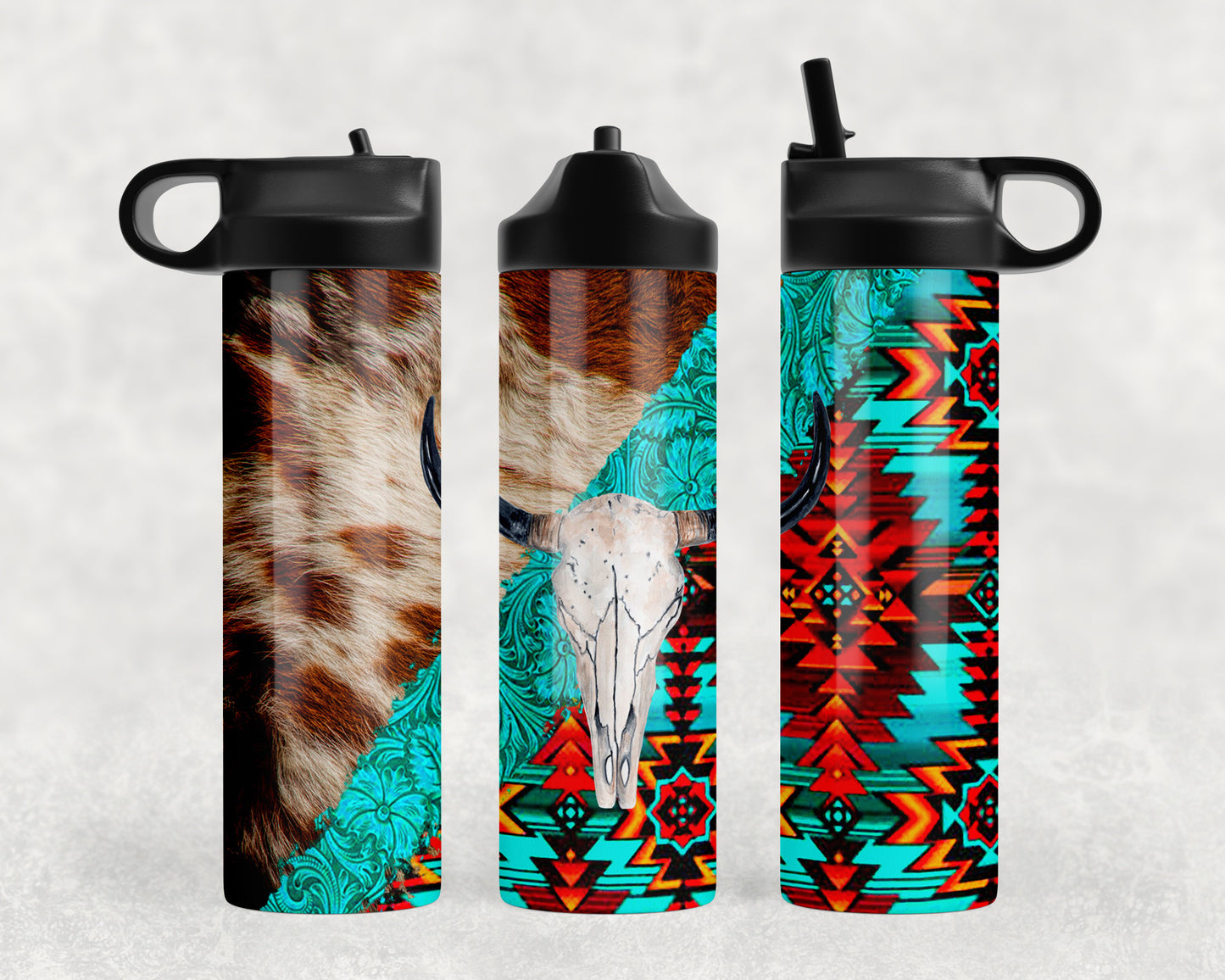 Printed Cowhide Aztec Skull Water Bottle - 1127