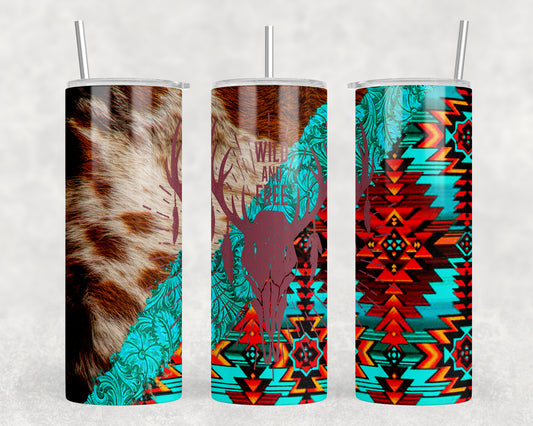 Printed Cowhide Aztec Wild And Free Skull 20oz Skinny Tumbler - 1139