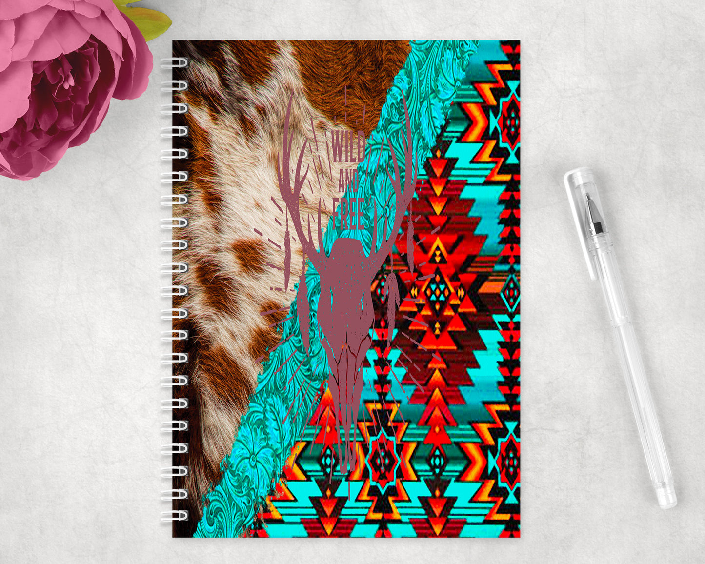 Printed Cowhide Aztec Wild And Free Skull Spiral Lined A5 Journal - 1139