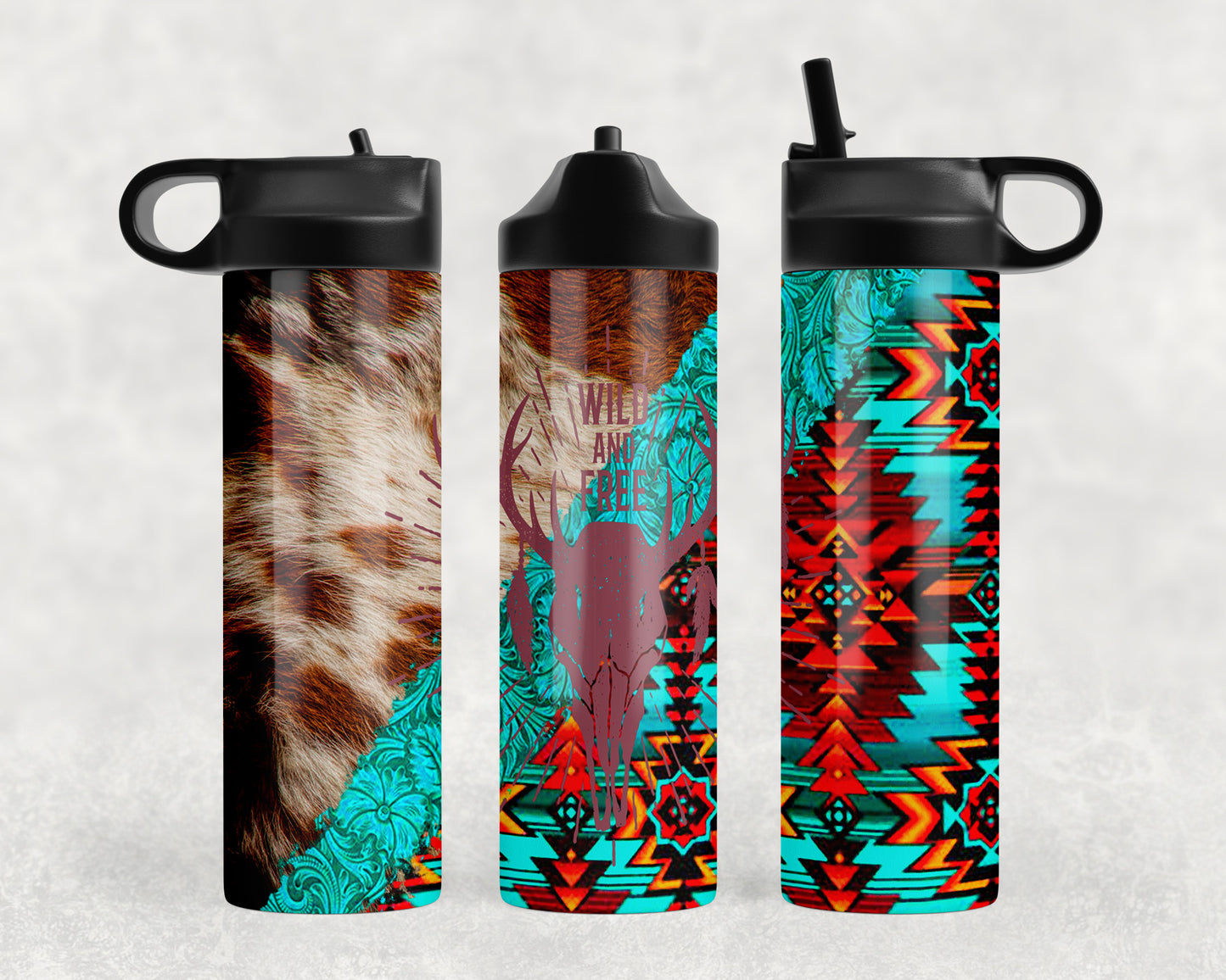 Printed Cowhide Aztec Wild And Free Skull Water Bottle - 1139