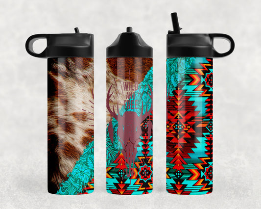 Printed Cowhide Aztec Wild And Free Skull Water Bottle - 1139