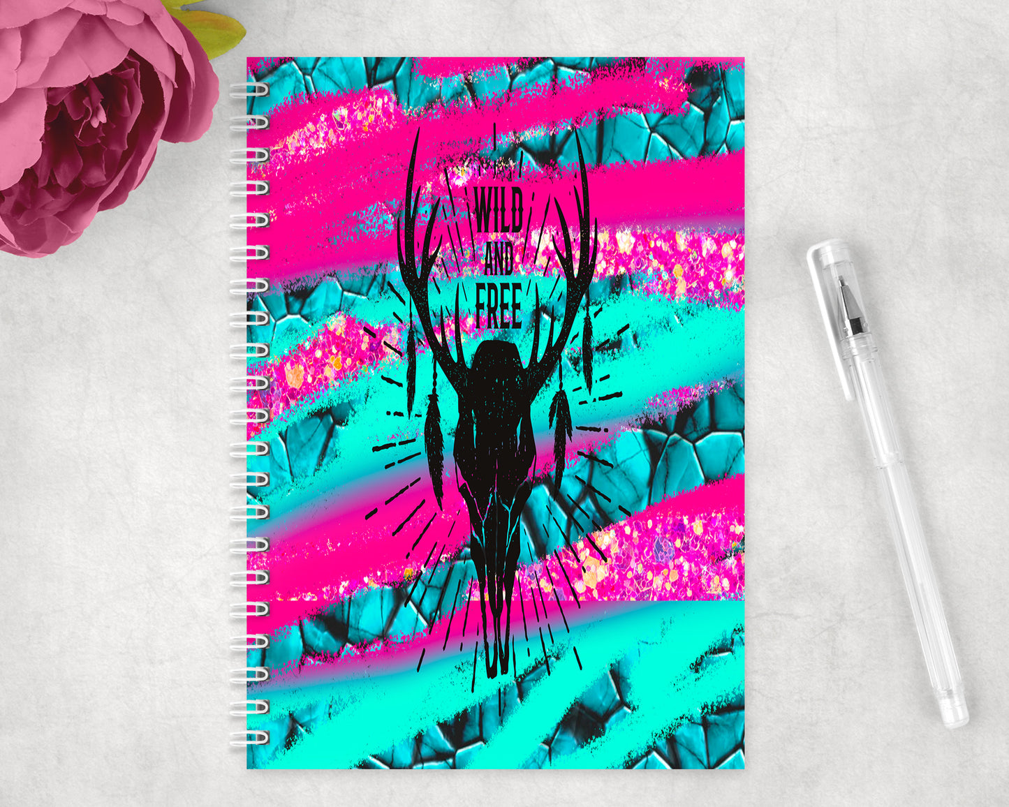 Neon Wild and Free Skull Spiral Lined A5 Journal - 1152