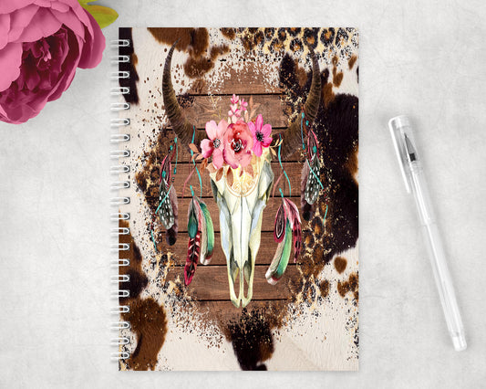 Printed Cowhide Skull Spiral Lined A5 Journal - 1191