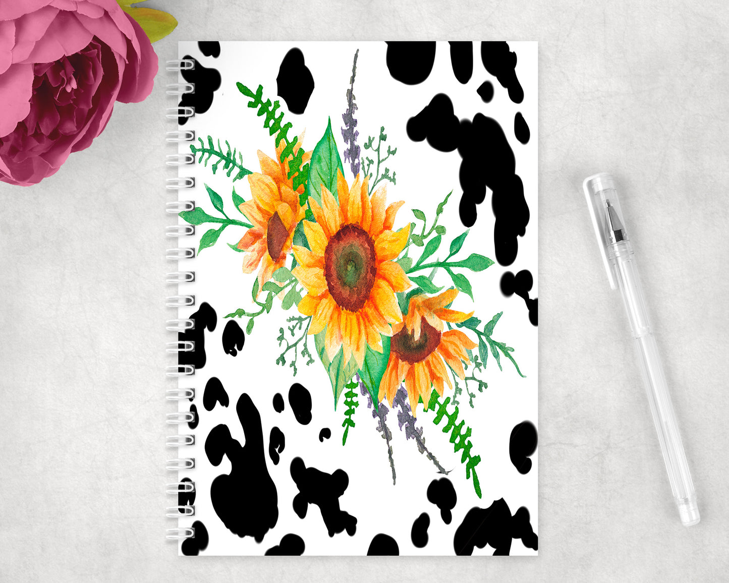 Cow Print Sunflower Spiral Lined A5 Journal - 1206