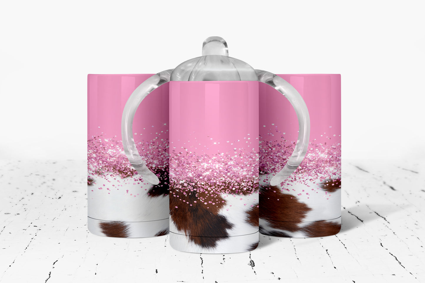 Printed Cowhide And Pink Kids Dual Lid Sippy Cup Tumbler - 1208