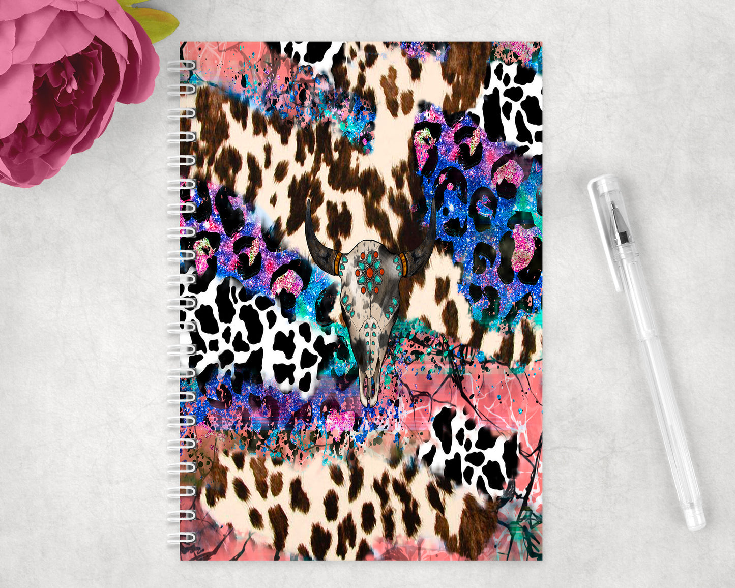 Printed Cowhide Skull Spiral Lined A5 Journal - 1231