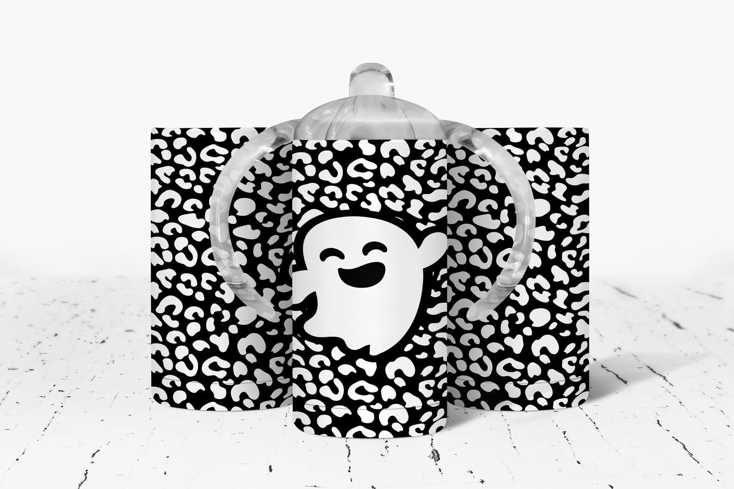 Cute Halloween Leopard Print Ghost Kids Dual Lid Sippy Cup Tumbler - 1272