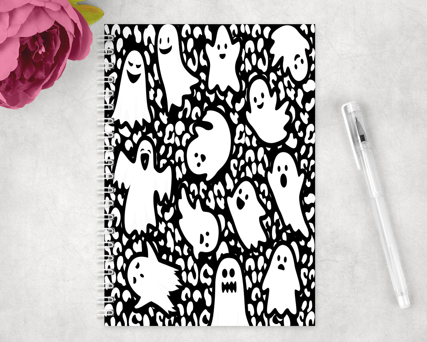 Cute Halloween Leopard Print Ghosts Spiral Lined A5 Journal - 1293