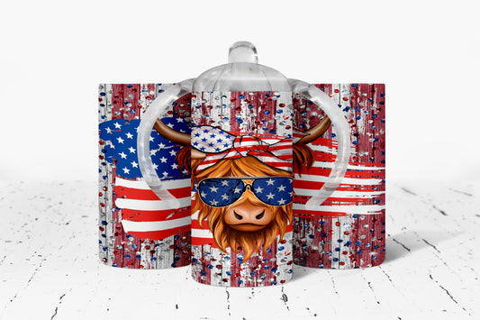 Patriotic Highland Cow 4th Of July Kids Dual Lid Sippy Cup Tumbler - 1308