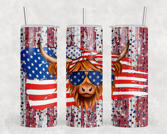 Patriotic Highland Cow 4th Of July 20oz Skinny Tumbler - 1308