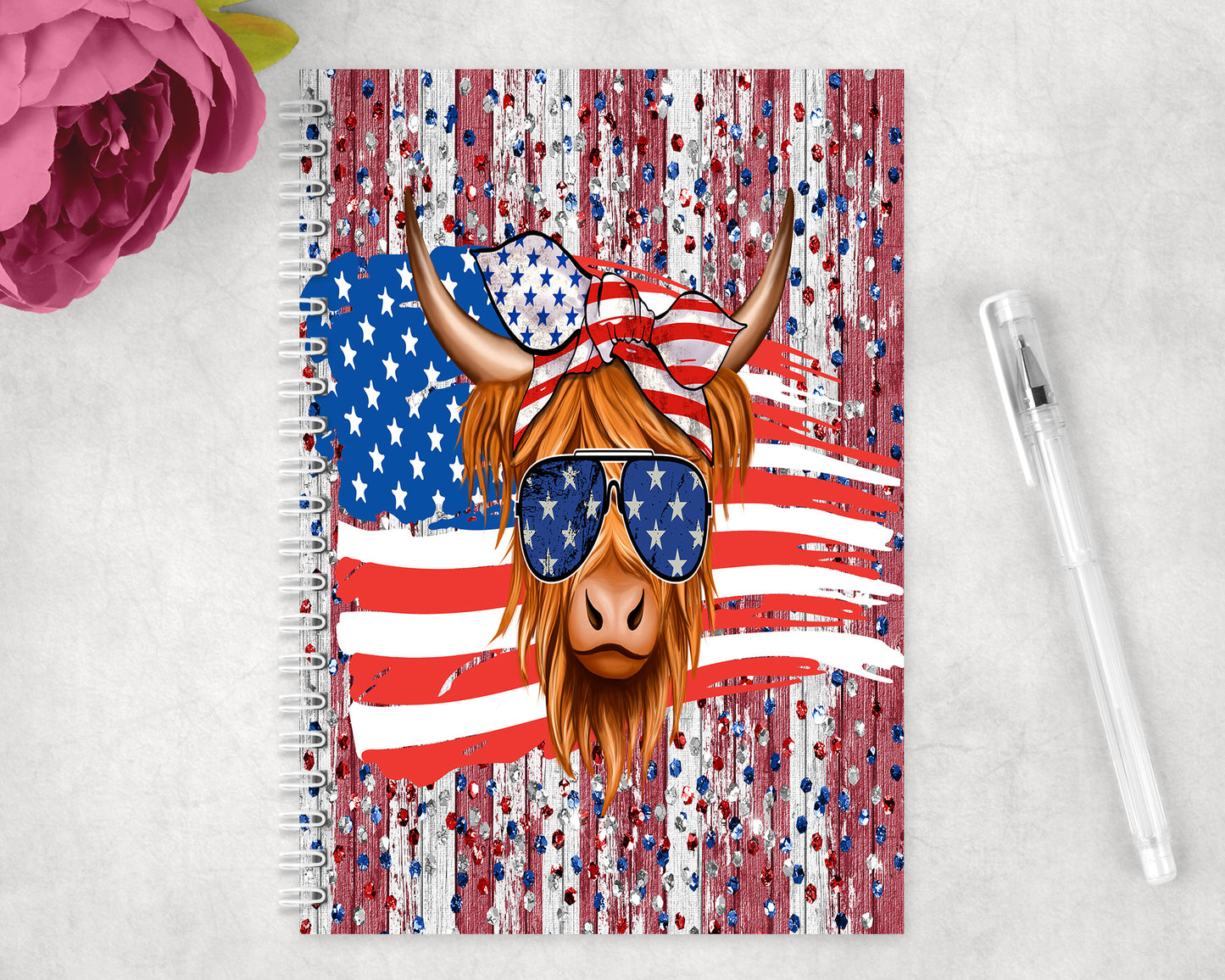 Patriotic Highland Cow 4th Of July Spiral Lined A5 Journal - 1308