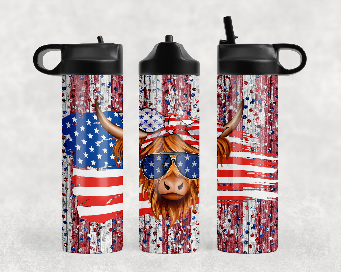 Patriotic Highland Cow 4th Of July Water Bottle - 1308