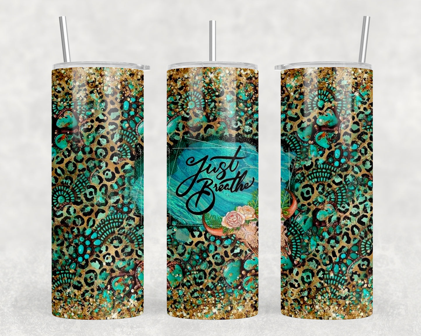 Western Leopard Print Just Breathe Skull 20oz Skinny Tumbler - 1355