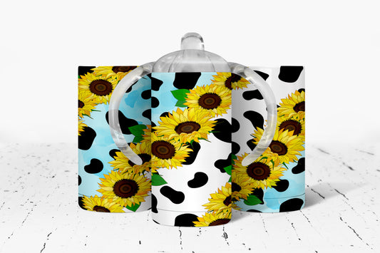 Cow Print Sunflowers Kids Dual Lid Sippy Cup Tumbler - 1377