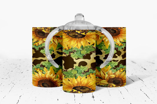 Printed Cowhide Sunflowers Kids Dual Lid Sippy Cup Tumbler - 1391