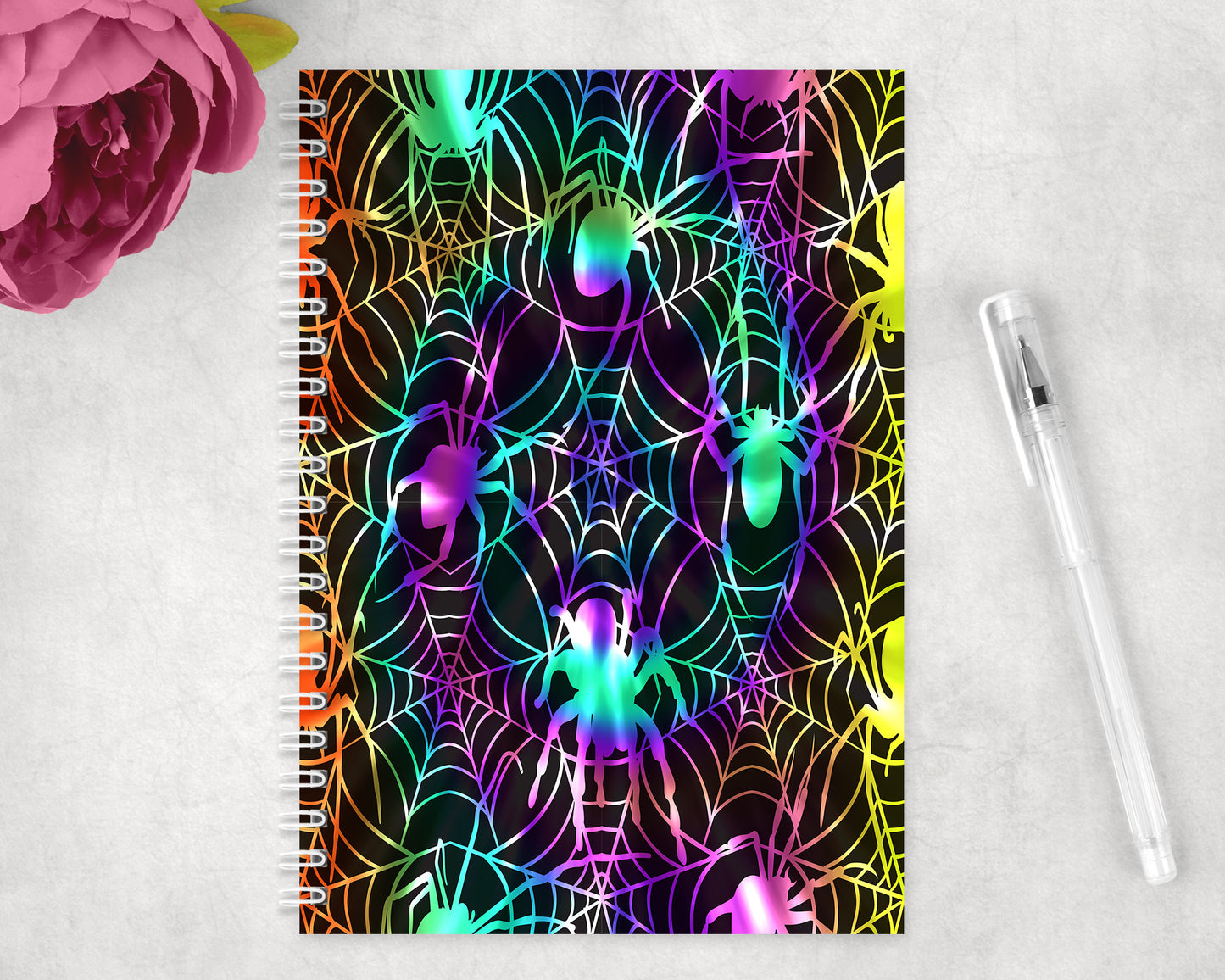 Halloween Neon Spiders Spiral Lined A5 Journal - 1400