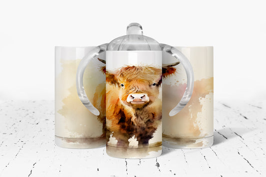 Watercolor Highland Cow Kids Dual Lid Sippy Cup Tumbler - 1501