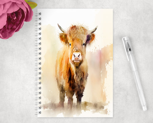 Watercolor Highland Cow Spiral Lined A5 Journal - 1501