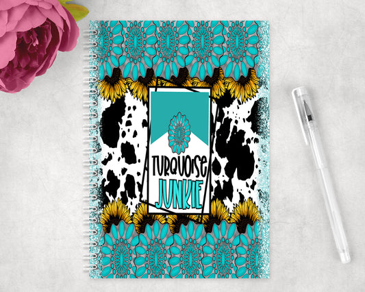 Cow Print Turquoise Junkie Spiral Lined A5 Journal - 1503