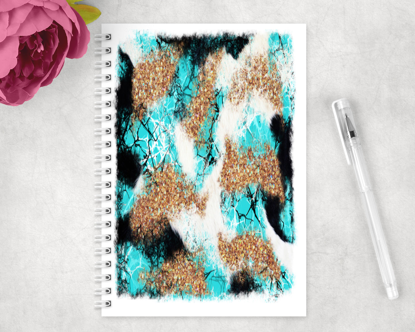 Western Turquoise Printed Cowhide Spiral Lined A5 Journal - 1513