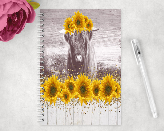 Sunflower Highland Cow Spiral Lined A5 Journal - 1514